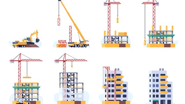 Building process. Urban multi story house construction stages progress. Build techniques and machines. Excavator and crane. Housing development. Concrete mixer. Unfinished city homes. Vector concept