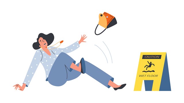 Woman falls by slipping on wet floor, cartoon flat vector illustration isolated on white background. Insured event against an accident and injury in public place.