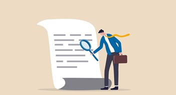 Fraud Detection for Co-ops and Condos Document checking, agreement or contract validation, financial or budget analysis, search for document files concept, businessman manager holding big magnifying glass checking document paper.